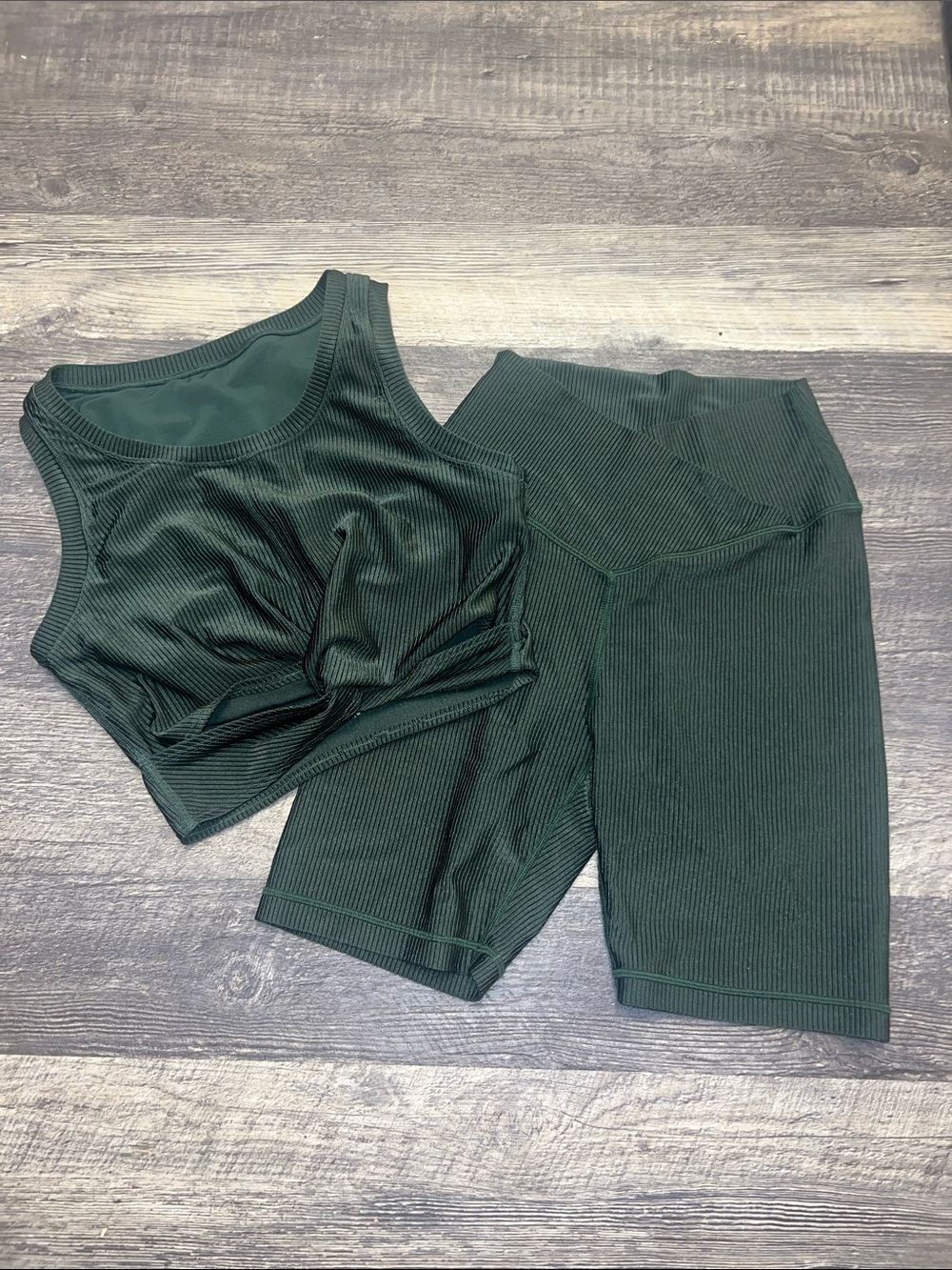 aerie OFFLINE Ribbed High-Waist Cross Over Bike Shorts & Crop Tank -Forest Green